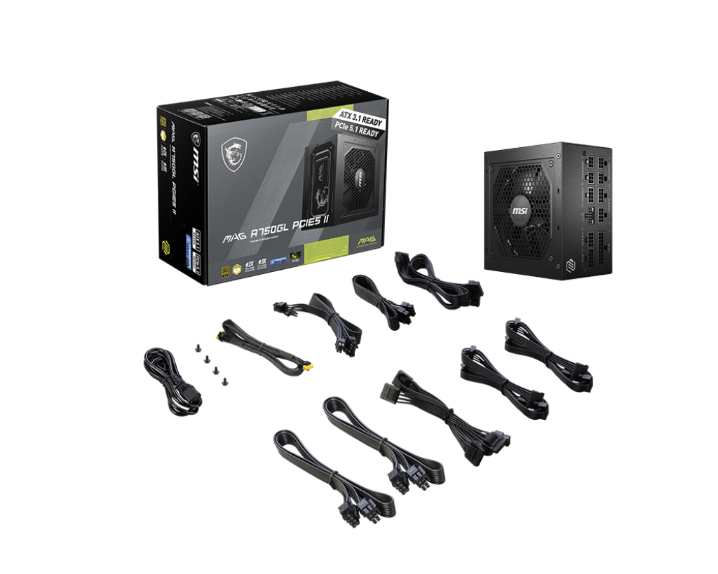 Fuente de alimentación MSI MAG A750GL PCIE5 II 80 Plus Gold, PSU para PC, con cables y ventilador visible.
