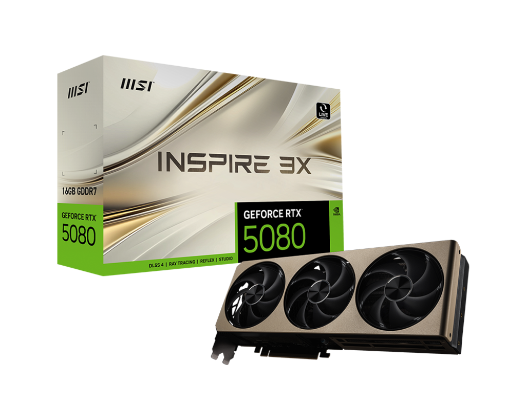 Tarjeta gráfica MSI GeForce RTX 5080 16G INSPIRE 3X, VGA, con disipador y puertos de conexión visibles.