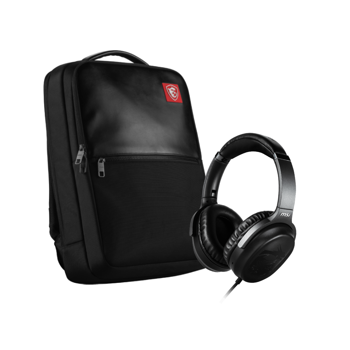 Mochila MSI Stealth Agent y auriculares MSI H901 en un conjunto, vista trasera de la mochila con detalles en negro y gris. Zoom