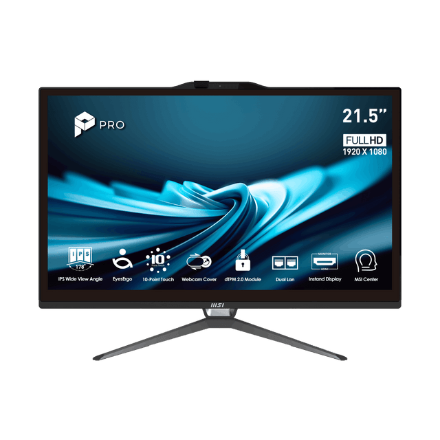Imagen de la computadora todo en uno MSI PRO AP222T 14M-438XEU, pantalla grande y diseño elegante, ideal para oficina y hogar