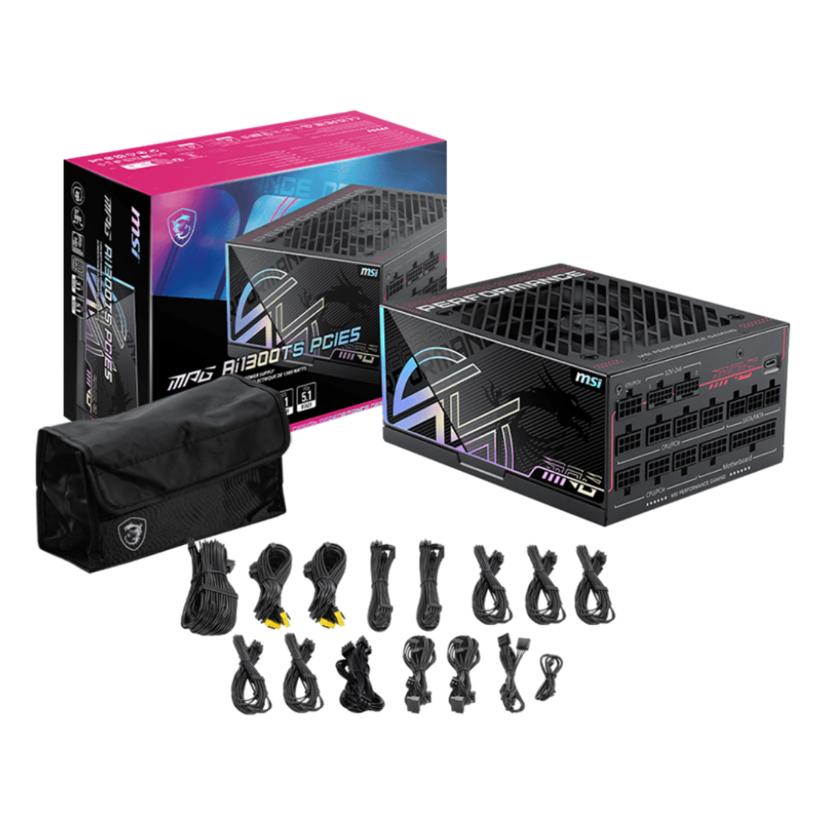 Caja y accesorios de la fuente de alimentacion de MSI MPG Ai1300TS PCIE5