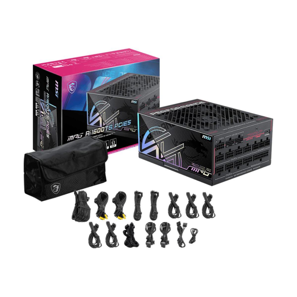 Caja y accesorios de la fuente de alimentacionde MSI MPG Ai1600TS PCIE5