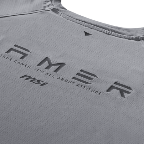 Camiseta gris MSI Raglán Gamer Series de manga larga, ropa de estilo casual para gamers, con logotipo de MSI en el frente.