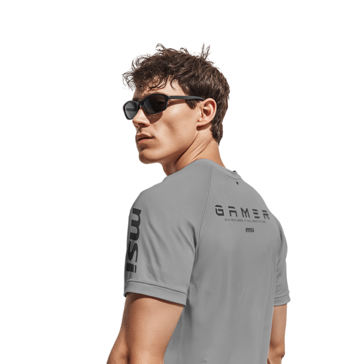 Camiseta gris MSI Raglán Gamer Series, ropa de manga larga para gamers con logo de MSI en el pecho, vista frontal.
