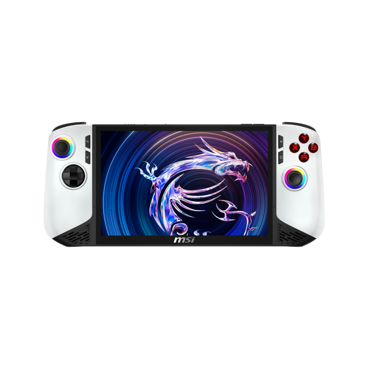 MSI Claw 8 AI+ A2VM Polar Tempest Edition handheld gaming console with colorful design and screen display.