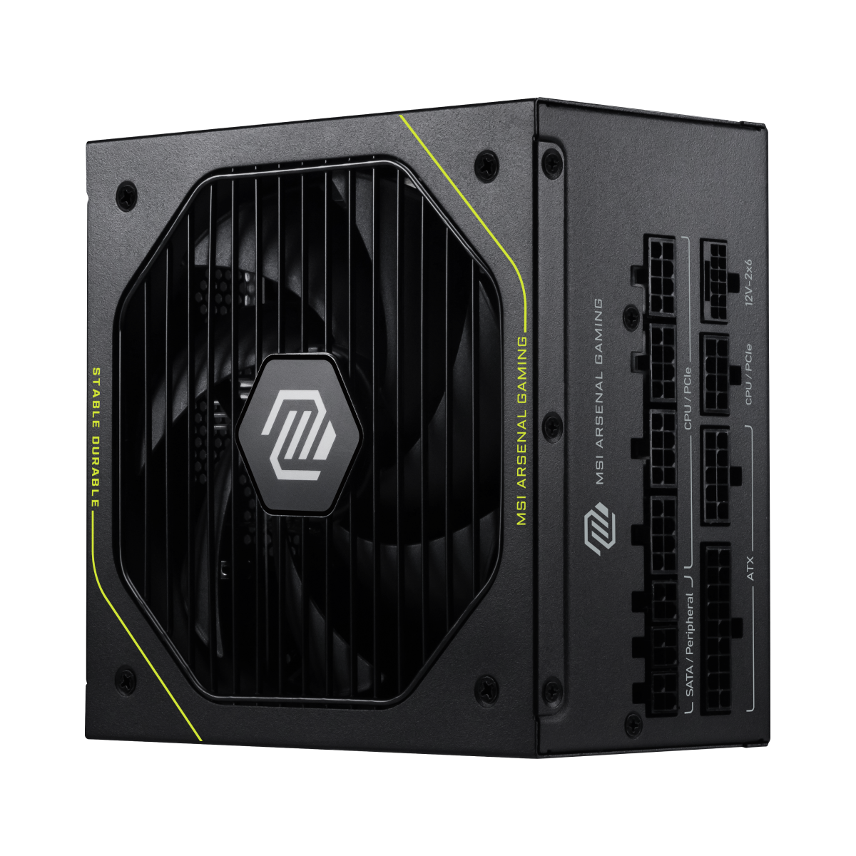 Fuente de alimentación MSI MAG A1200PLS PCIe5, PSU 80 PLUS Platinum, caja con conectores y ventilador.
