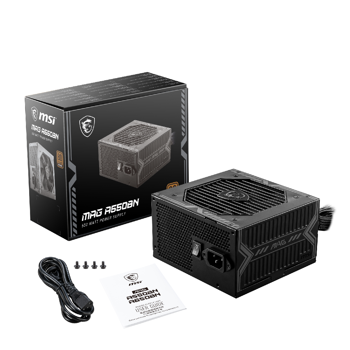 Fuente de alimentación MSI MAG A550BN 80 Plus Bronze, PSU de alta eficiencia con cables modulares y diseño compacto.