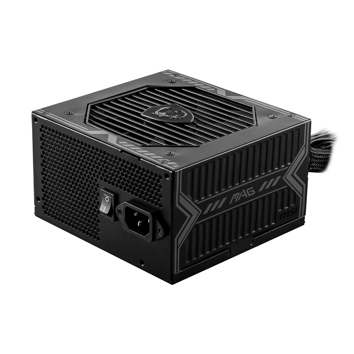 Fuente de alimentación MSI MAG A650BN 80 Plus Bronze, PSU con cables conectados y ventilador visible en la imagen.