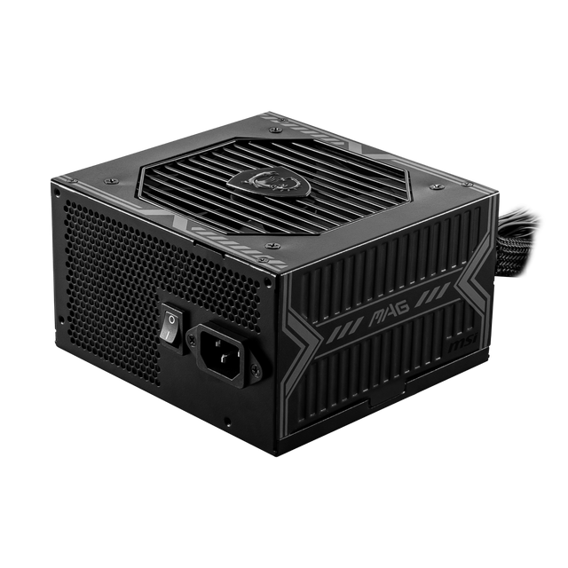 Fuente de alimentación MSI MAG A650BN 80 Plus Bronze, PSU con cables conectados y ventilador visible en la imagen.