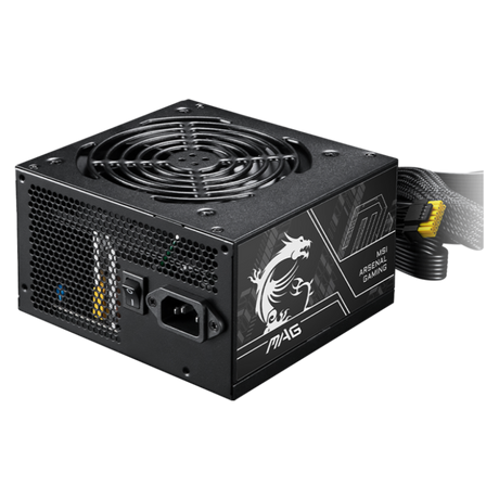 MSI MAG A750BN PCIe5 II 80 Plus Bronze power supply unit with modular cables and black casing for gaming PCs.