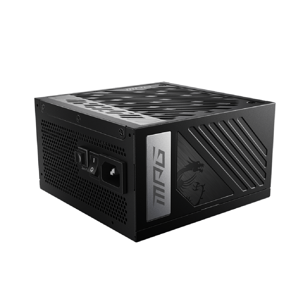 Fuente de alimentación MSI MPG A850G PCIE5 80 Plus Gold modular, vista de la PSU con cables conectados y ventilador.