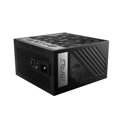 Fuente de alimentación MSI MPG A850G PCIE5 80 Plus Gold modular, vista de la PSU con cables conectados y ventilador.