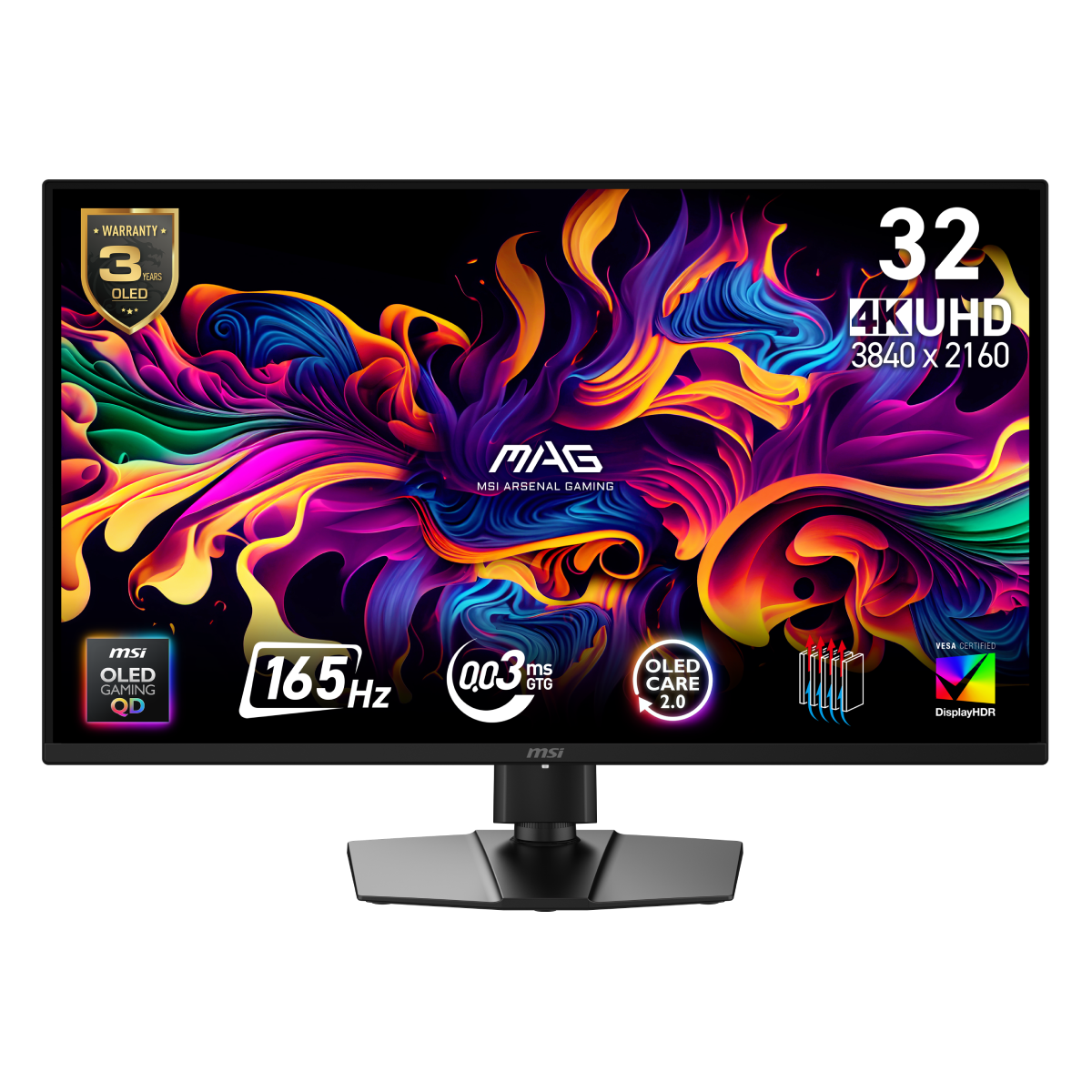 Monitor gaming MSI MAG 322UP QD-OLED E16 con pantalla 4K, diseño elegante y detalles visuales vibrantes en el panel.
