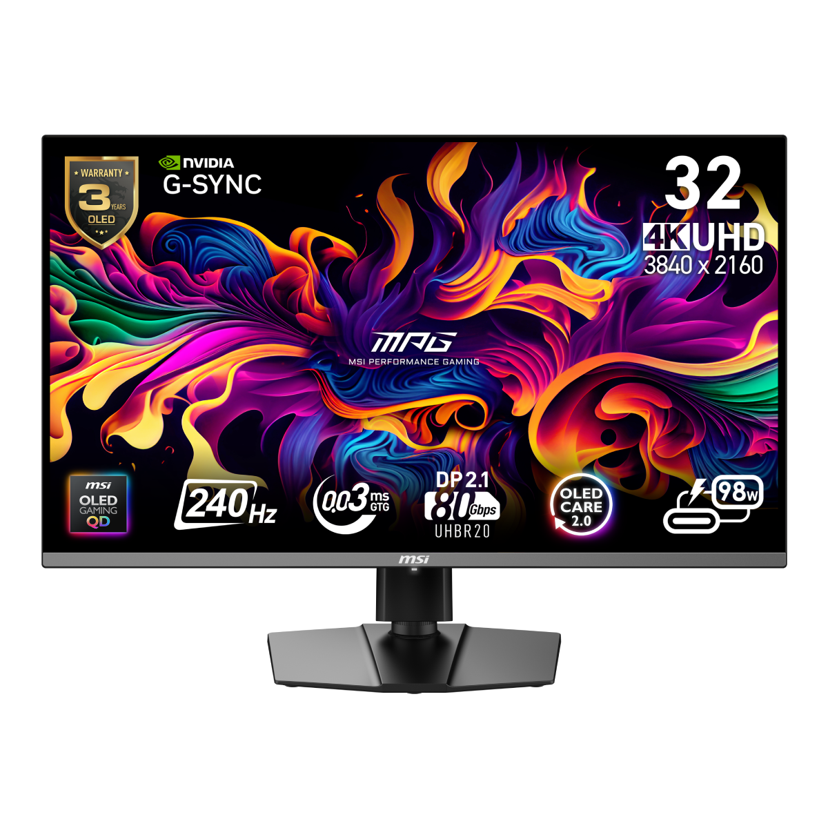Monitor gaming MSI MPG 322URX QD-OLED de 32 pulgadas con pantalla 4K y diseño moderno.