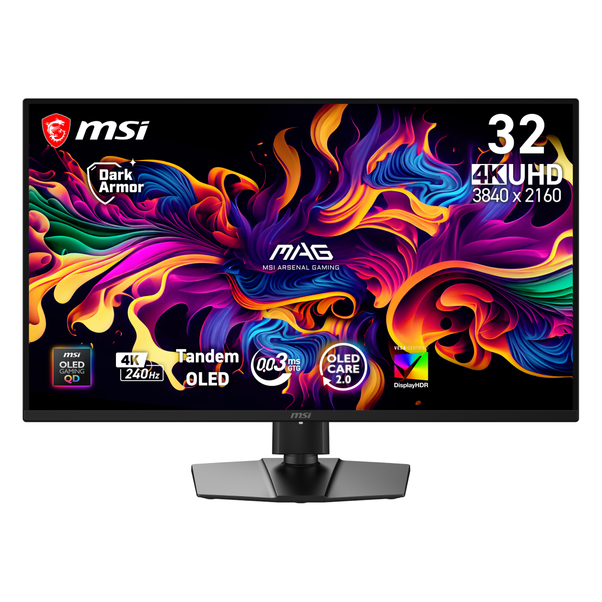 Monitor gaming MSI MAG 321UP QD-OLED X24 con pantalla grande y colores vibrantes, ideal para juegos y multimedia.