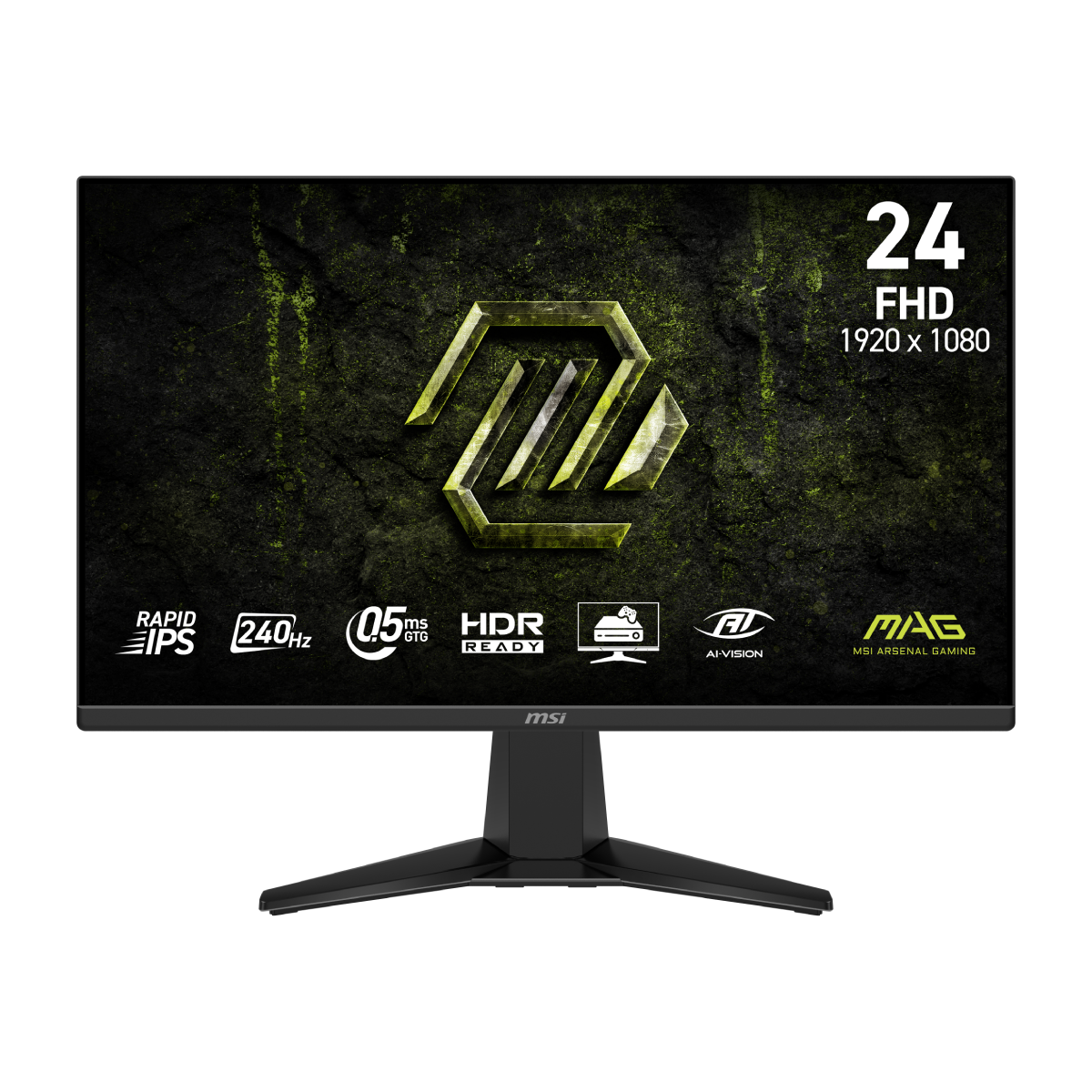 MSI MAG 245F X24 gaming monitor displaying vibrant game graphics with slim bezels and a sleek black design.