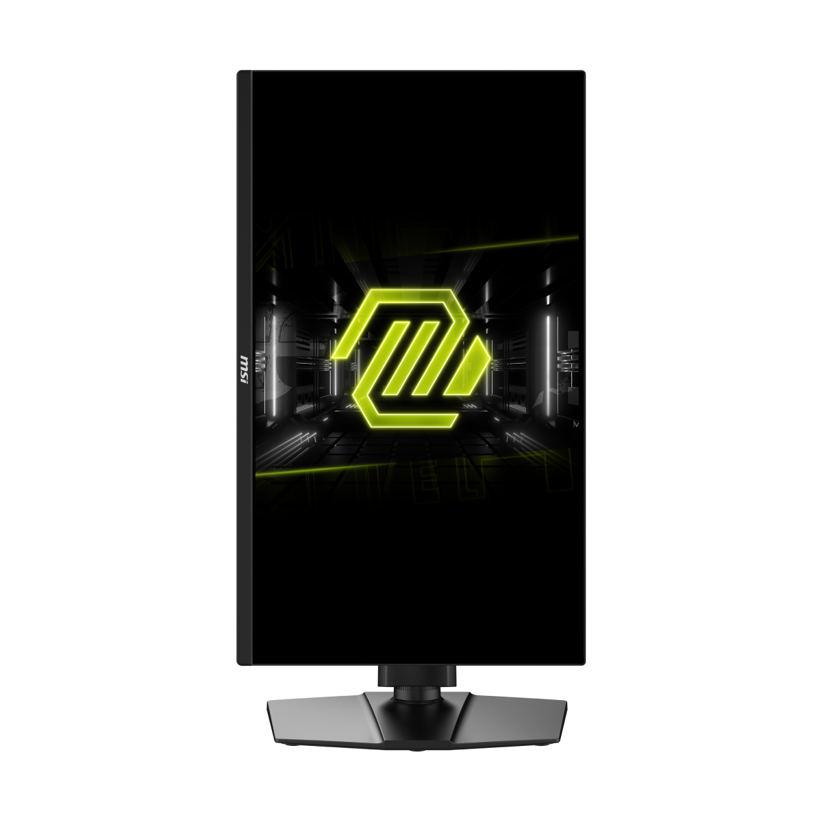 MSI MAG 255PXF gaming monitor displaying vibrant gameplay visuals with sleek black design and adjustable stand.