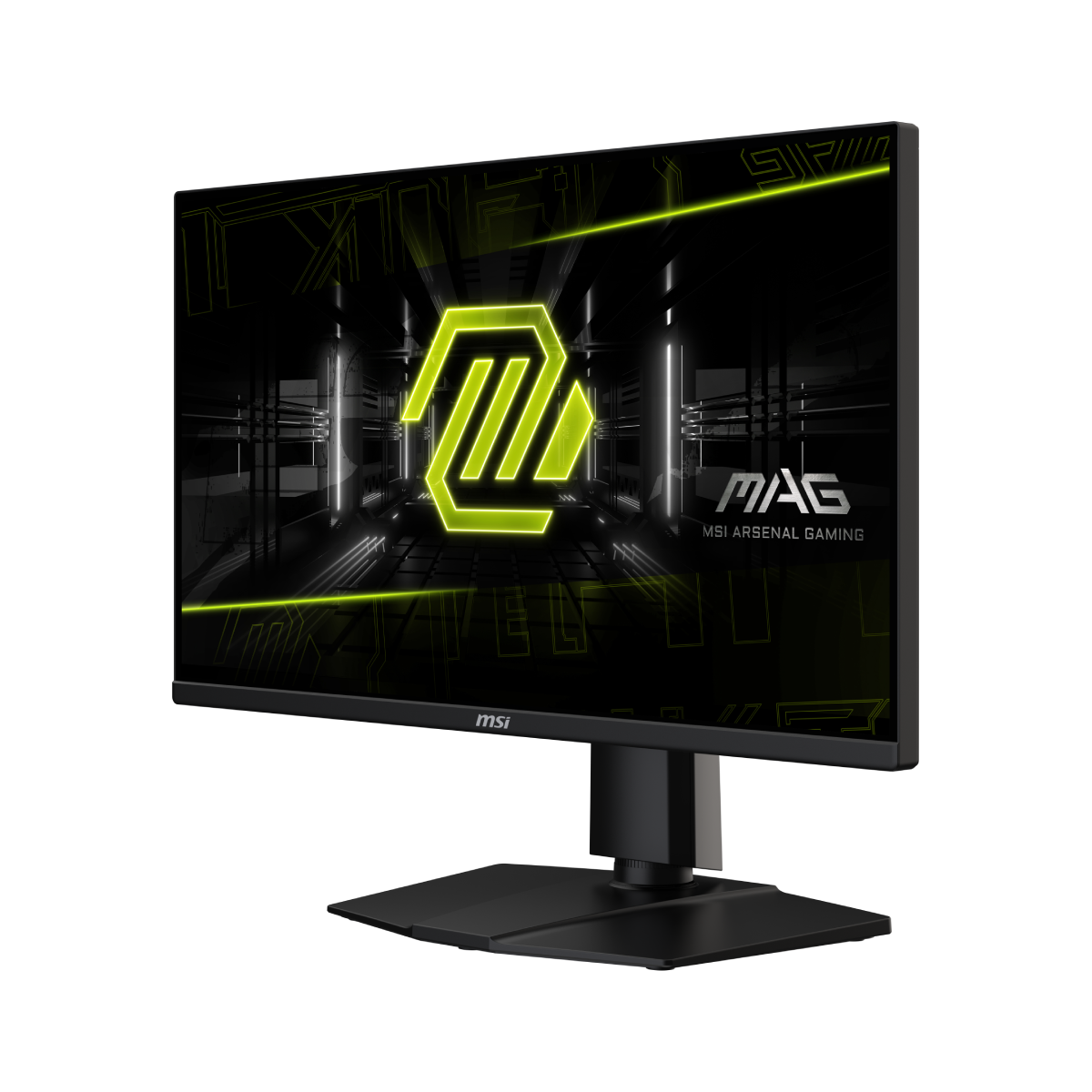 MSI MAG 255PXF gaming monitor displaying vibrant game graphics with a sleek black design and adjustable stand.