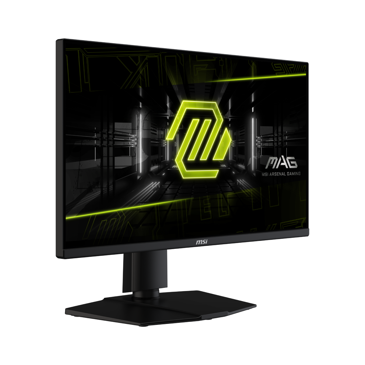 MSI MAG 255PXF gaming monitor displaying vibrant game graphics with sleek design and adjustable stand.