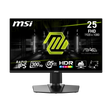 MSI MAG 255PXF gaming monitor displaying vibrant visuals on a sleek black screen with adjustable stand and gaming setup.