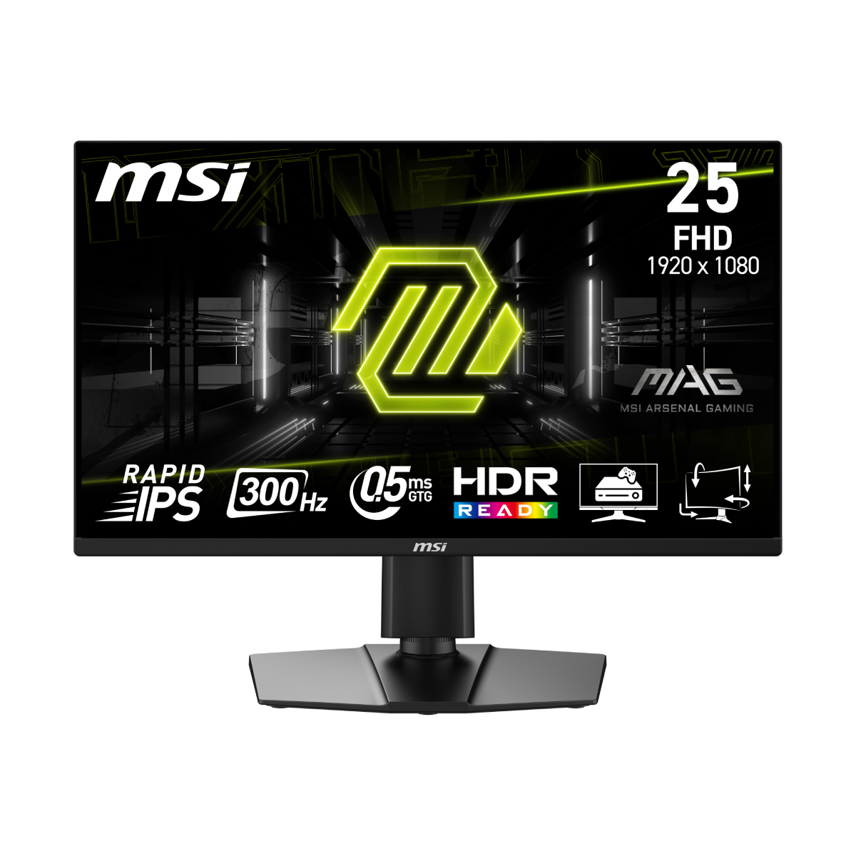 MSI MAG 255PXF gaming monitor displaying vibrant visuals on a sleek black screen with adjustable stand and gaming setup.