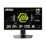 MSI MAG 255PXF gaming monitor displaying vibrant visuals on a sleek black screen with adjustable stand and gaming setup.