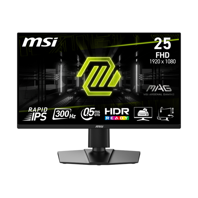 MSI MAG 255PXF gaming monitor displaying vibrant visuals on a sleek black screen with adjustable stand and gaming setup.
