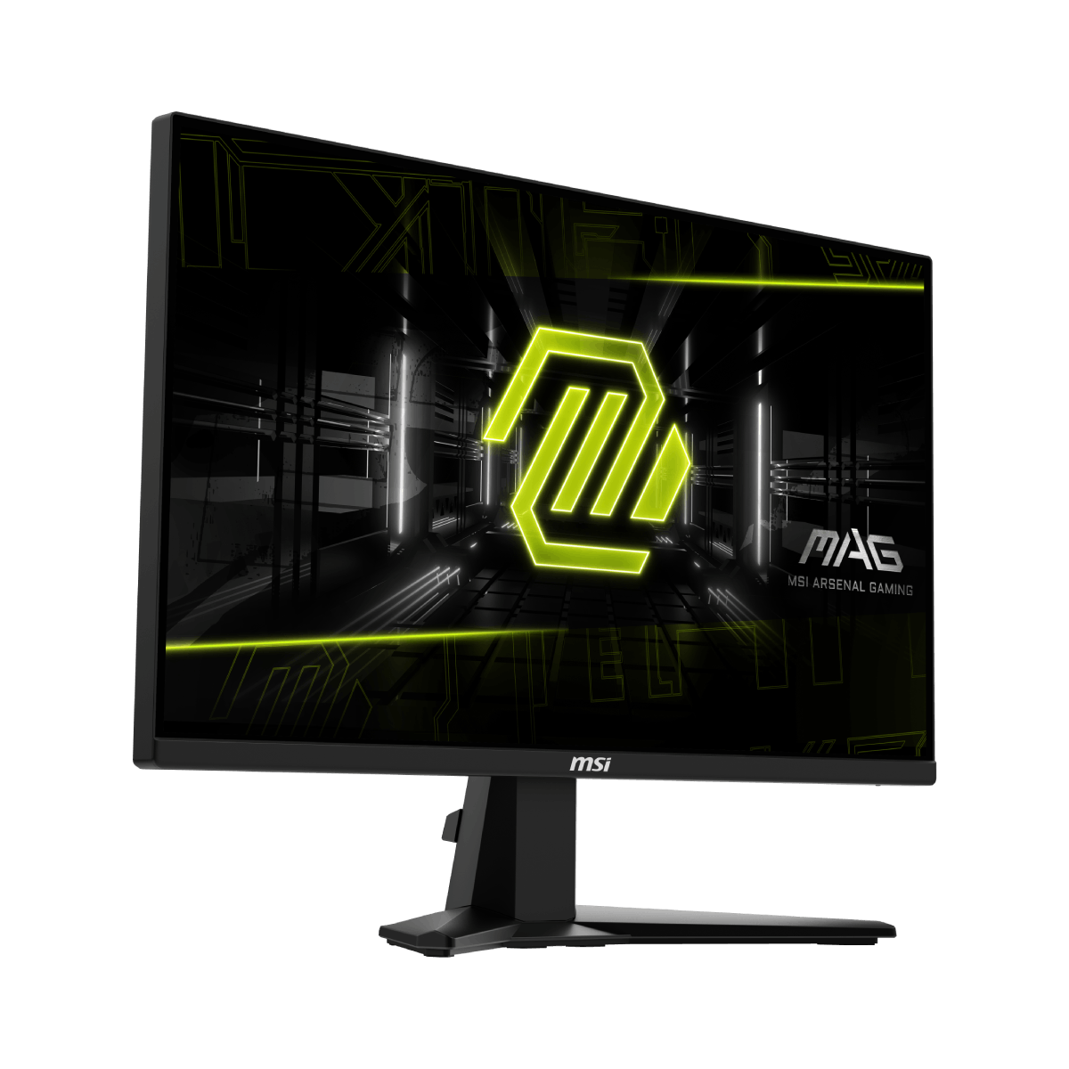 Monitor gaming MSI MAG 255XF con pantalla grande, marco negro y detalles de botones en la parte inferior.