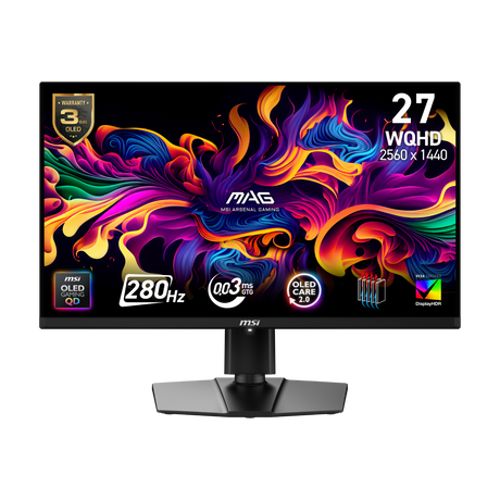 Monitor gaming MSI MAG 271QP QD-OLED X28 con pantalla de alta resolución y diseño moderno, ideal para juegos y entretenimiento.