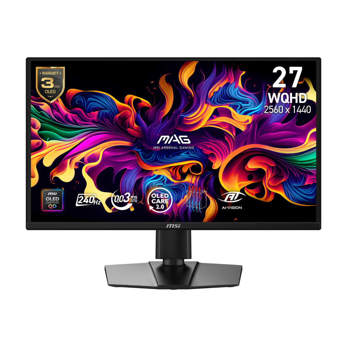 Monitor gaming MSI MAG 272QP QD-OLED X24 de 27 pulgadas con pantalla vibrante y diseño moderno, ideal para juegos y entretenimiento.