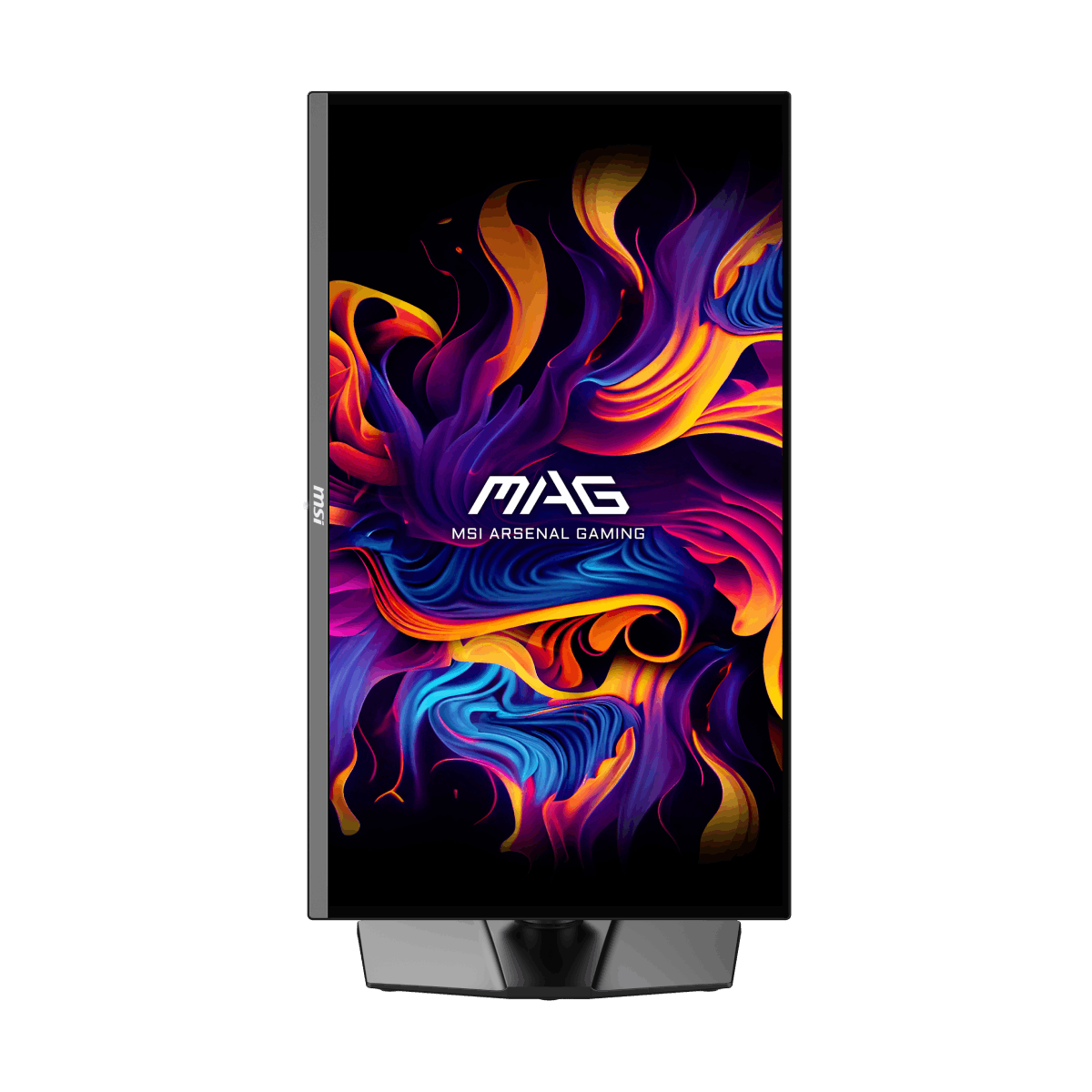 MSI MAG 272UP QD-OLED X24 gaming monitor with ultra-slim bezels and vibrant display, shown on a desk setup.