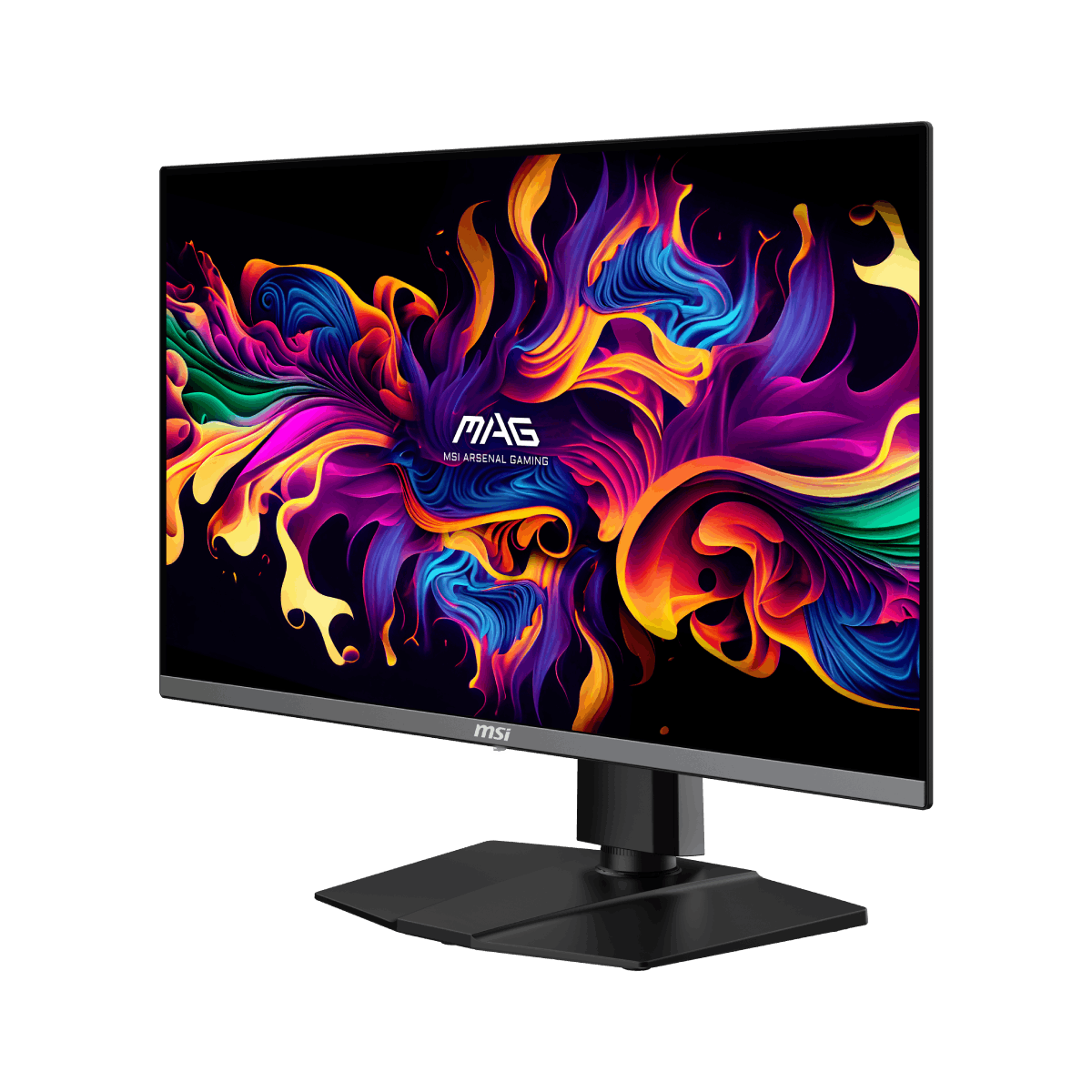 MSI MAG 272UP QD-OLED gaming monitor displaying vibrant visuals with sleek black frame and stand, designed for immersive gaming.