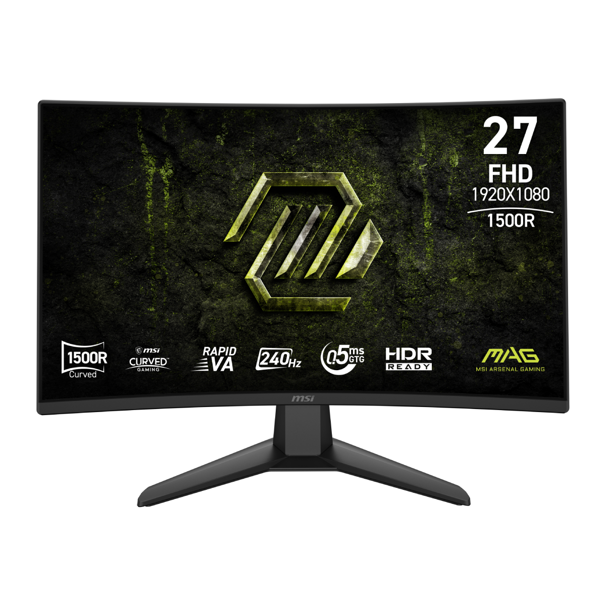 Monitor gaming MSI MAG 274CF X24 de 27 pulgadas con pantalla curva y alta resolución, ideal para juegos y entretenimiento.