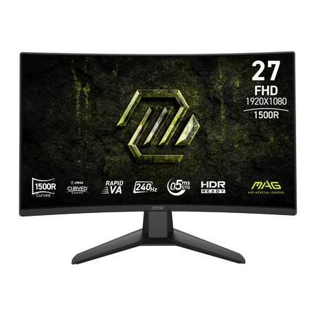 Monitor gaming MSI MAG 274CF X24 de 27 pulgadas con pantalla curva y alta resolución, ideal para juegos y entretenimiento.