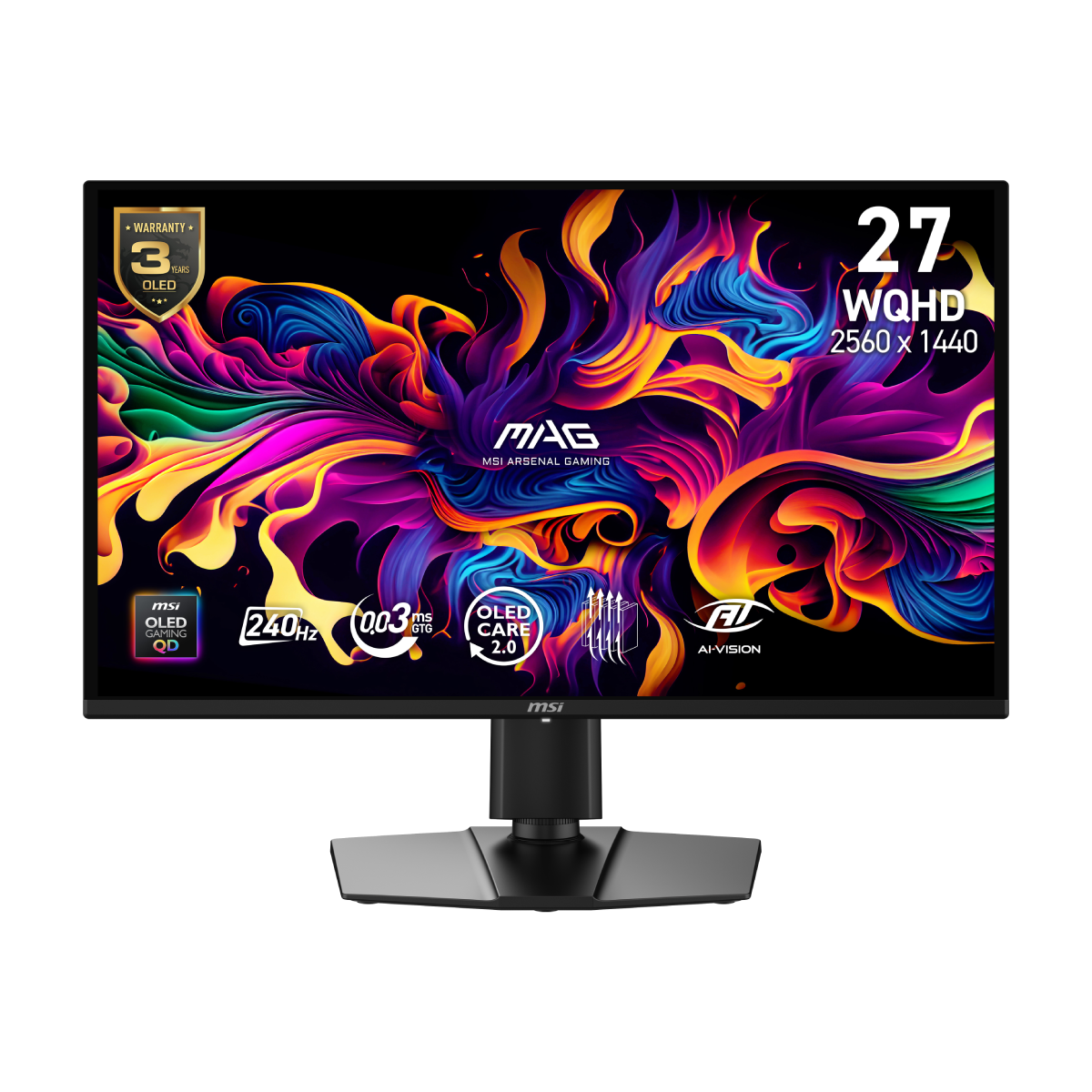 Monitor gaming MSI MAG 274QP QD-OLED X24 con pantalla grande y colores vibrantes, ideal para juegos y multimedia.