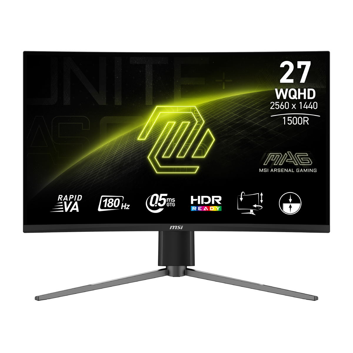 Monitor gaming MSI MAG 27CQ6PF con pantalla curva, pantalla QHD y marco delgado en un escritorio.