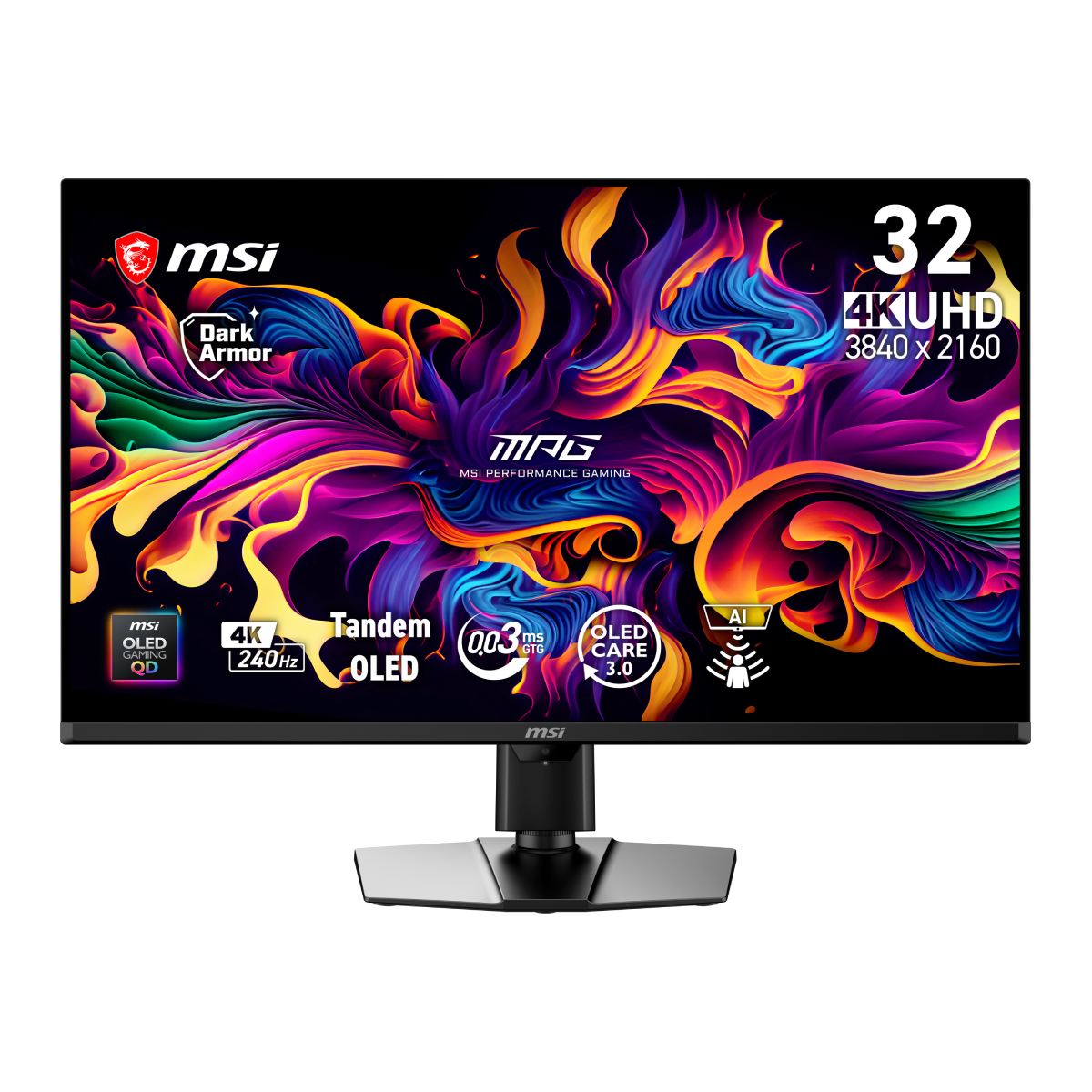 Monitor gaming MSI MPG 322UR QD-OLED X24 con pantalla grande y diseño moderno, ideal para juegos y entretenimiento.