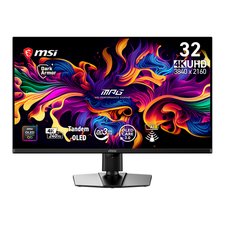 Monitor gaming MSI MPG 322UR QD-OLED X24 con pantalla grande y diseño moderno, ideal para juegos y entretenimiento.