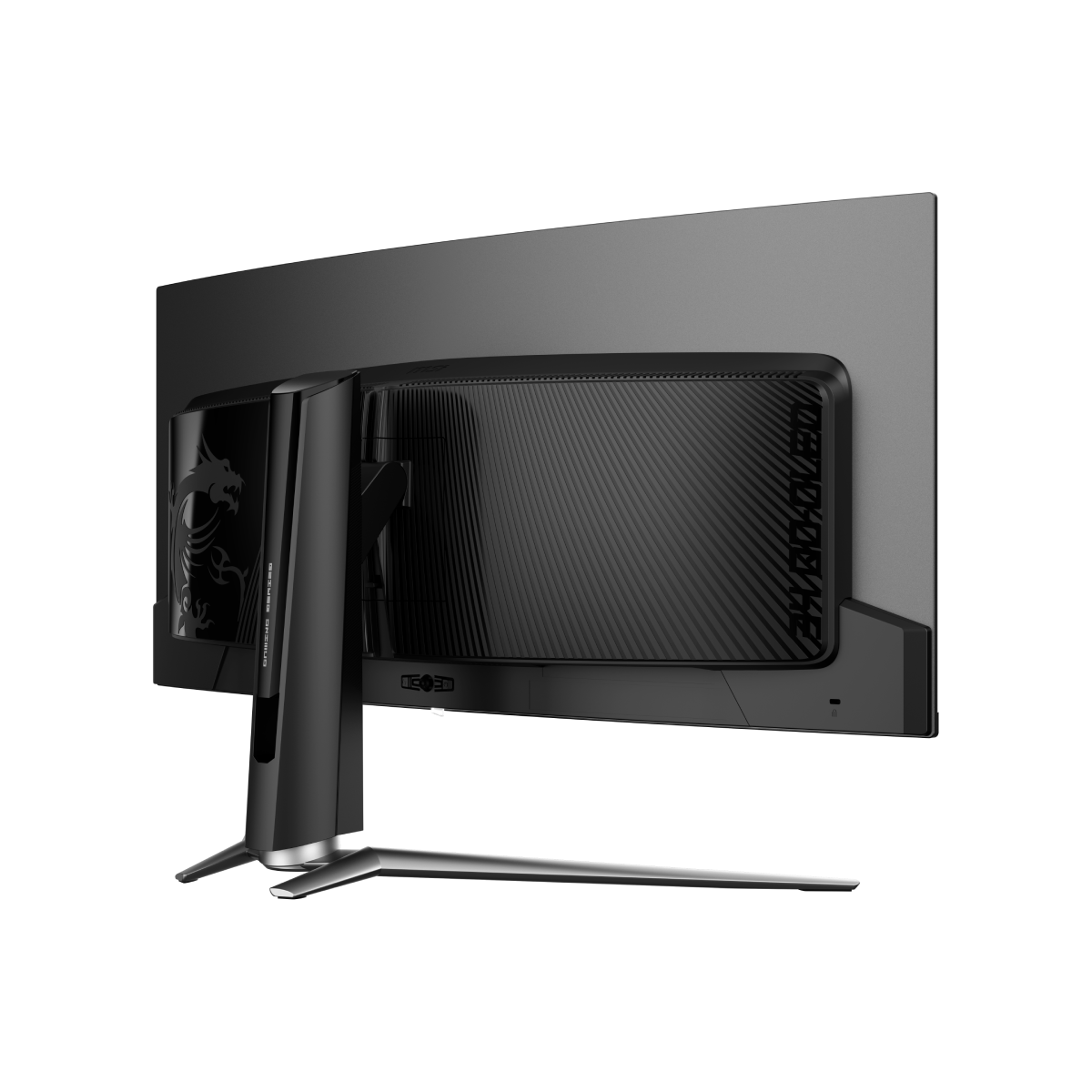 Monitor gaming MSI MAG 341CQP QD-OLED con pantalla ultra ancha y curvas, con detalles de diseño y pantalla brillante.