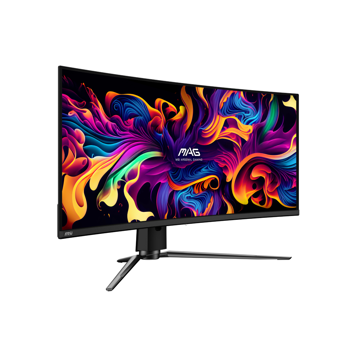 Monitor gaming MSI MAG 341CQP QD-OLED de pantalla ultra ancha con diseño moderno y detalles en la imagen.
