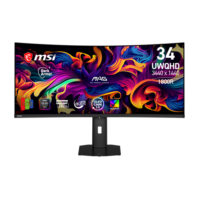 Monitor gaming ultrawide MSI MAG 341CQP QD-OLED X28 con pantalla curva y colores vibrantes, ideal para gaming y entretenimiento.