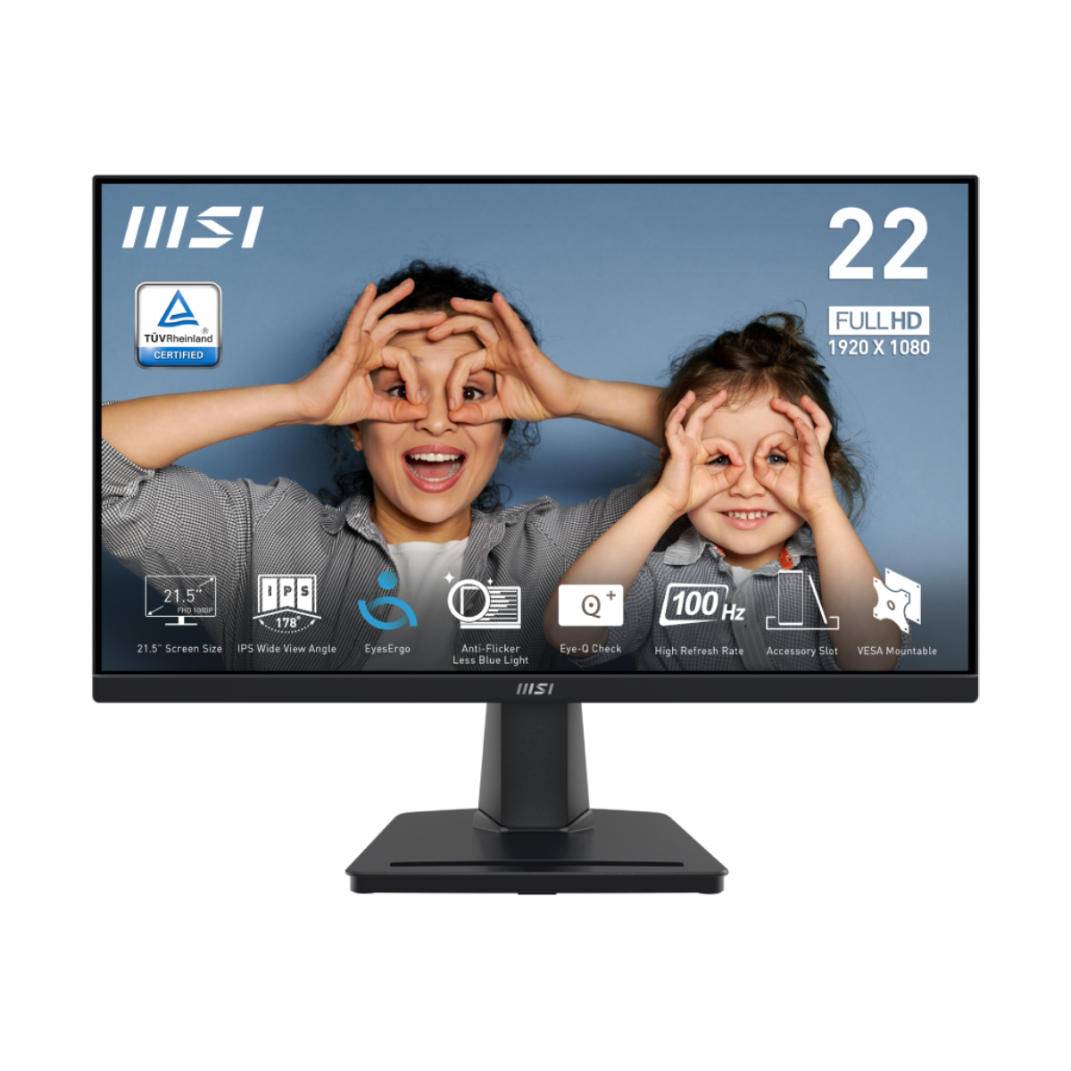 Monitor MSI PRO MP225 de aspecto elegante con pantalla grande y marco delgado, ideal para trabajo profesional en oficina.