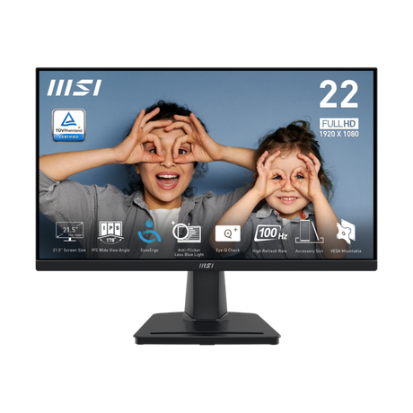 Monitor profesional MSI PRO MP225 con pantalla grande, diseño moderno y alta resolución para tareas laborales y de oficina.