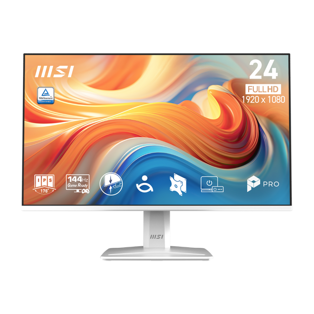 Monitor profesional MSI PRO MP243W E14 de 24 pulgadas con pantalla brillante y diseño moderno.