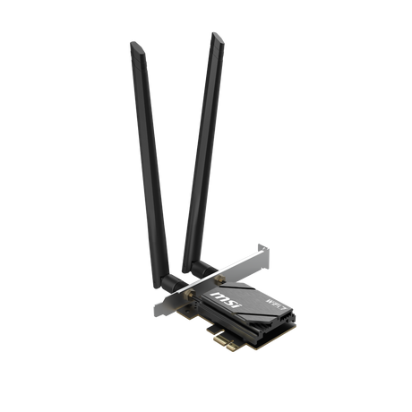 Tarjeta PCIe MSI HERALD BE6500 WiFi 7 para redes, pequeña tarjeta de conexión inalámbrica con tecnología avanzada.