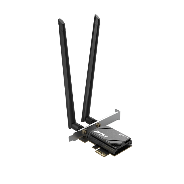 Tarjeta PCIe MSI HERALD BE6500 WiFi 7 para redes, pequeña tarjeta de conexión inalámbrica con tecnología avanzada.