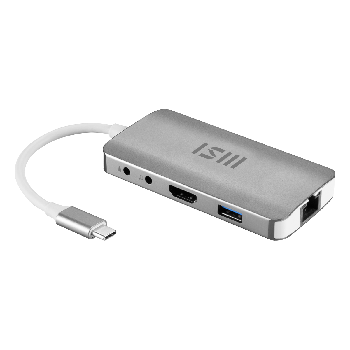 Hub MSI de 9 en 1 con puertos USB tipo C, compatible con laptops, muestra los puertos y diseño del dispositivo. Zoom