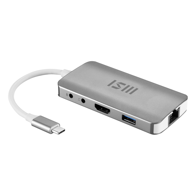 Hub MSI de 9 en 1 con puertos USB tipo C, compatible con laptops, muestra los puertos y diseño del dispositivo.