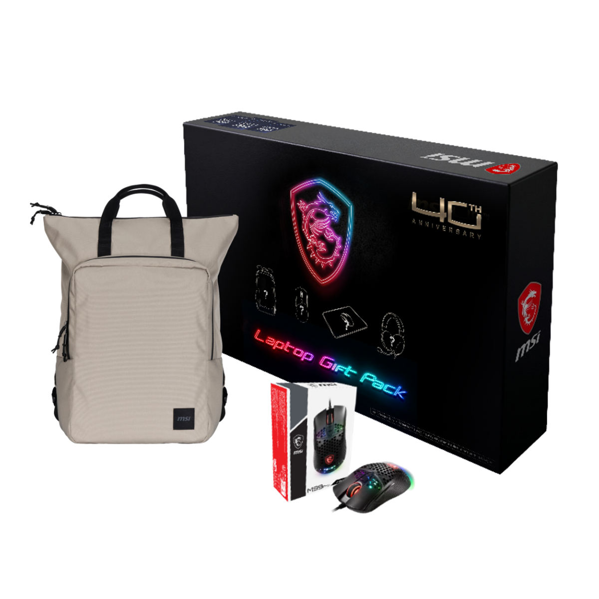 MSI 40th Anniversary Essential Pack for gaming, includes accessories and gear, branded by MSI España.