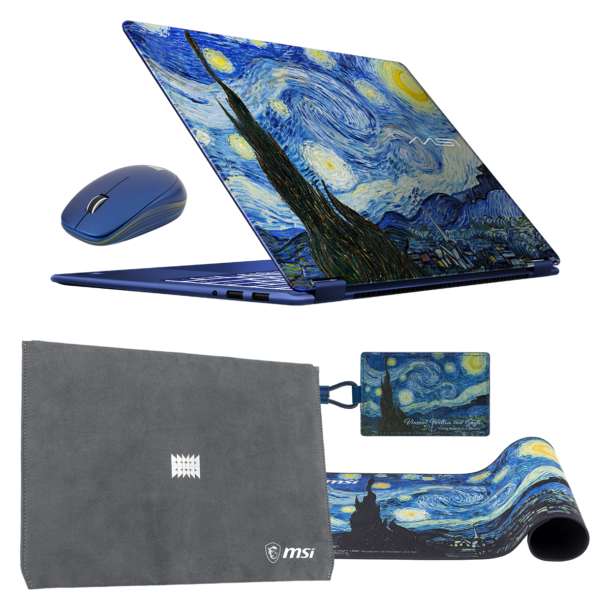 MSI Prestige 14 Flip AI+ portable touchscreen laptop with The Starry Night design, shown in a gift pack setup.